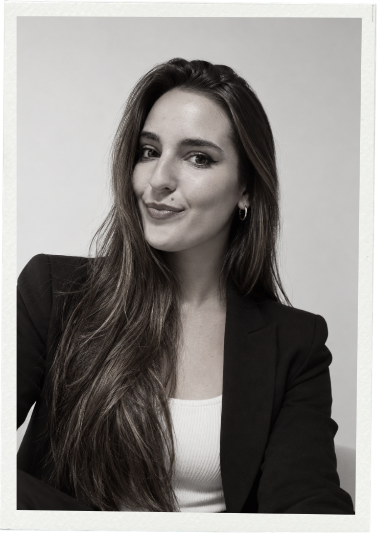 Sofía Prada in a black blazer, photographed in black and white